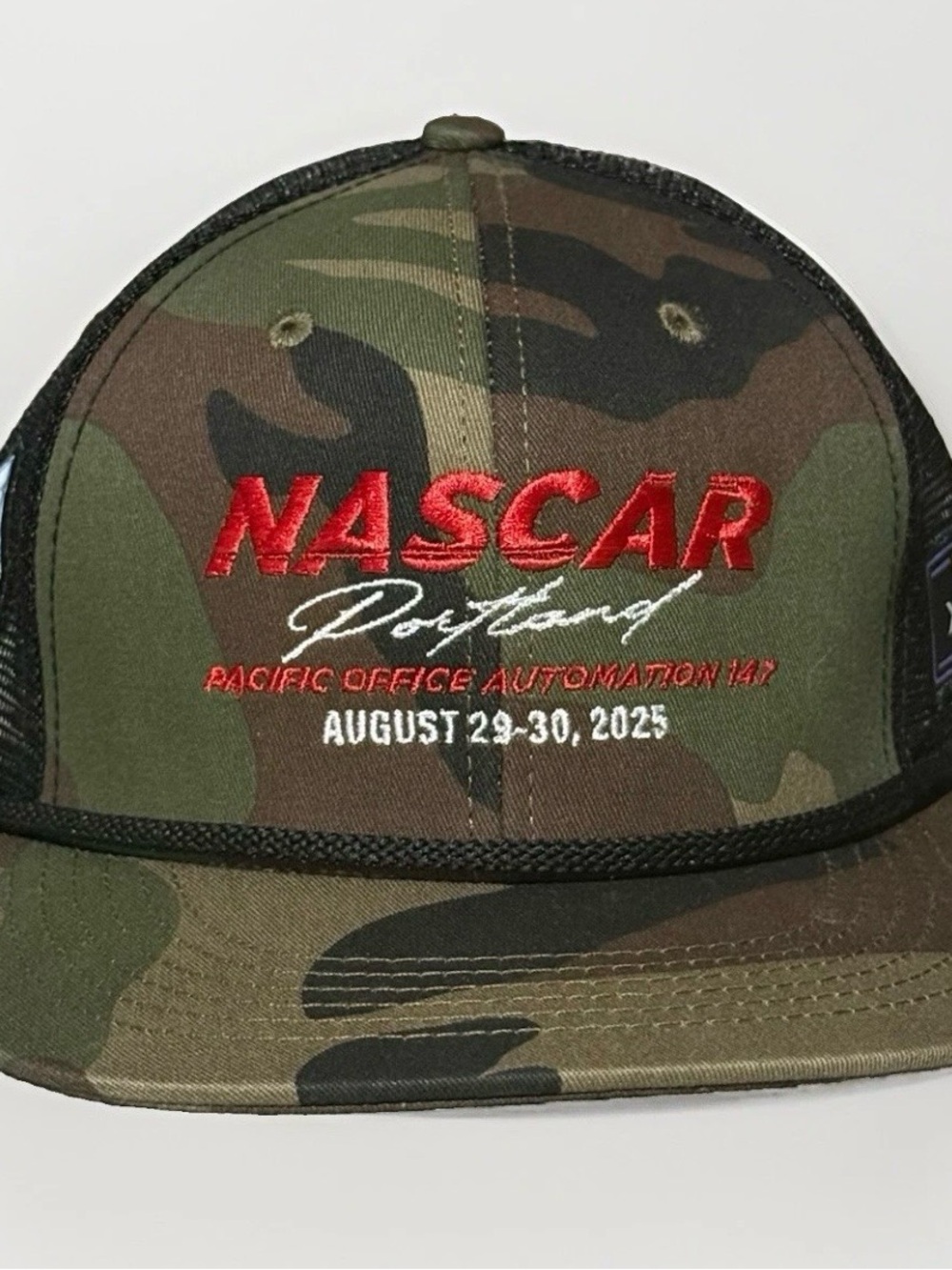 Nascar Green Camo Trucker Hat with Red Logo